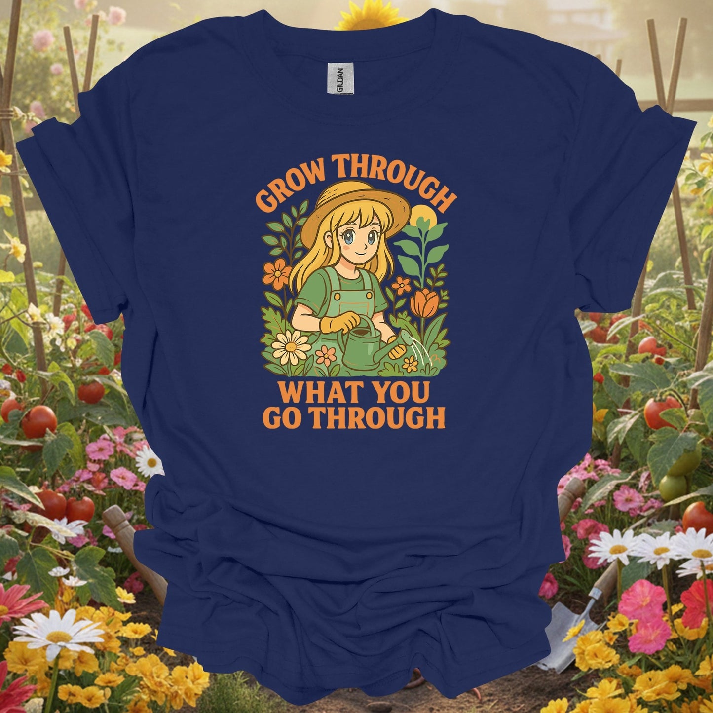 Navy top showing grow through what you go through anime for green thumb folks