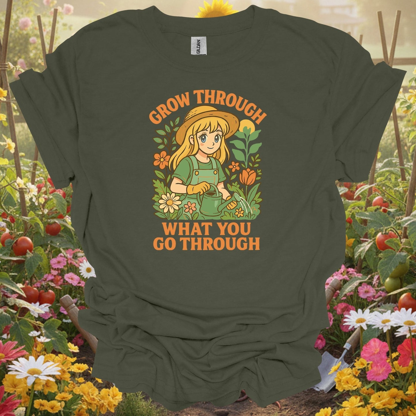 Military Green top showing grow through what you go through anime for nature lovers