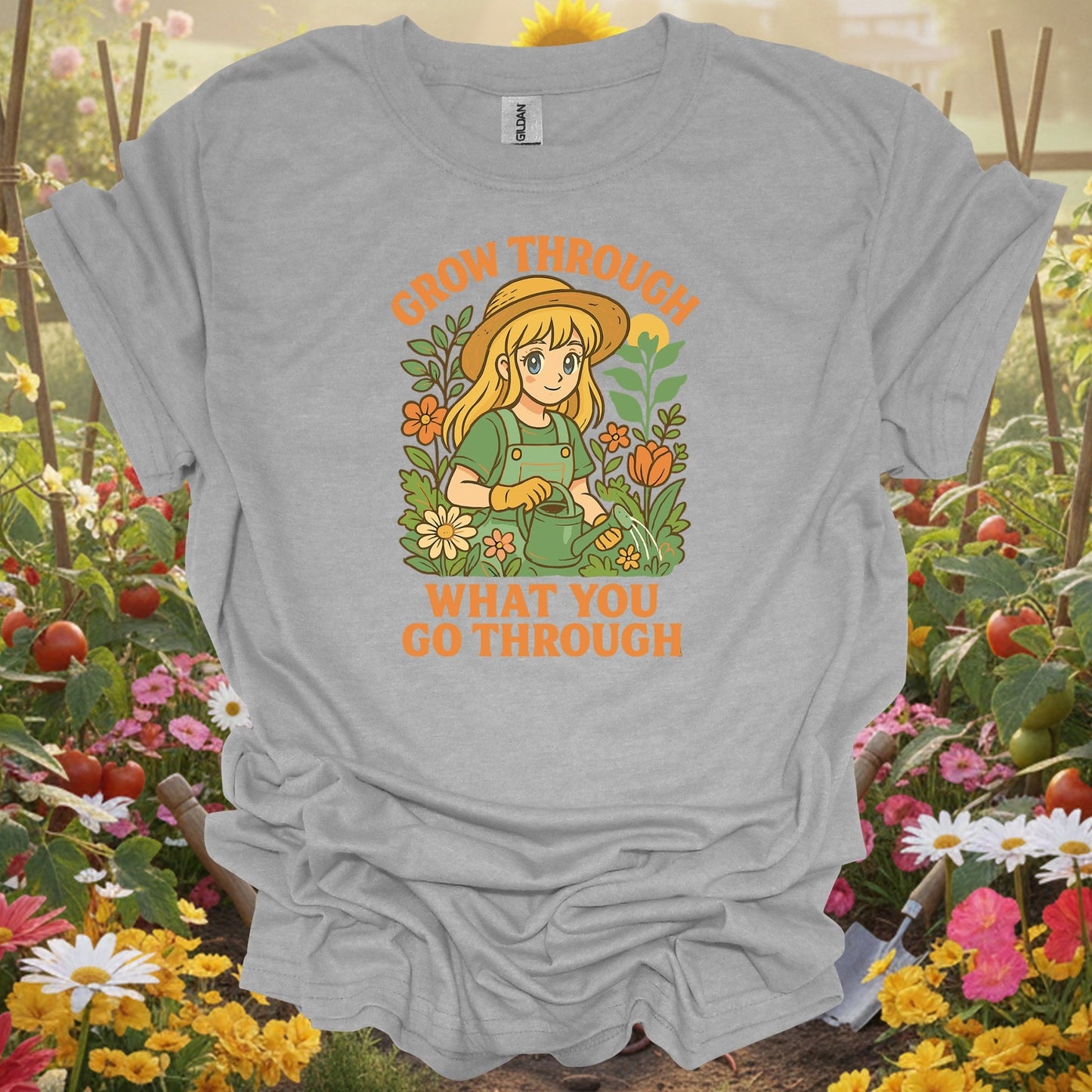 Sport Grey tshirt showing grow through what you go through anime for backyard growers