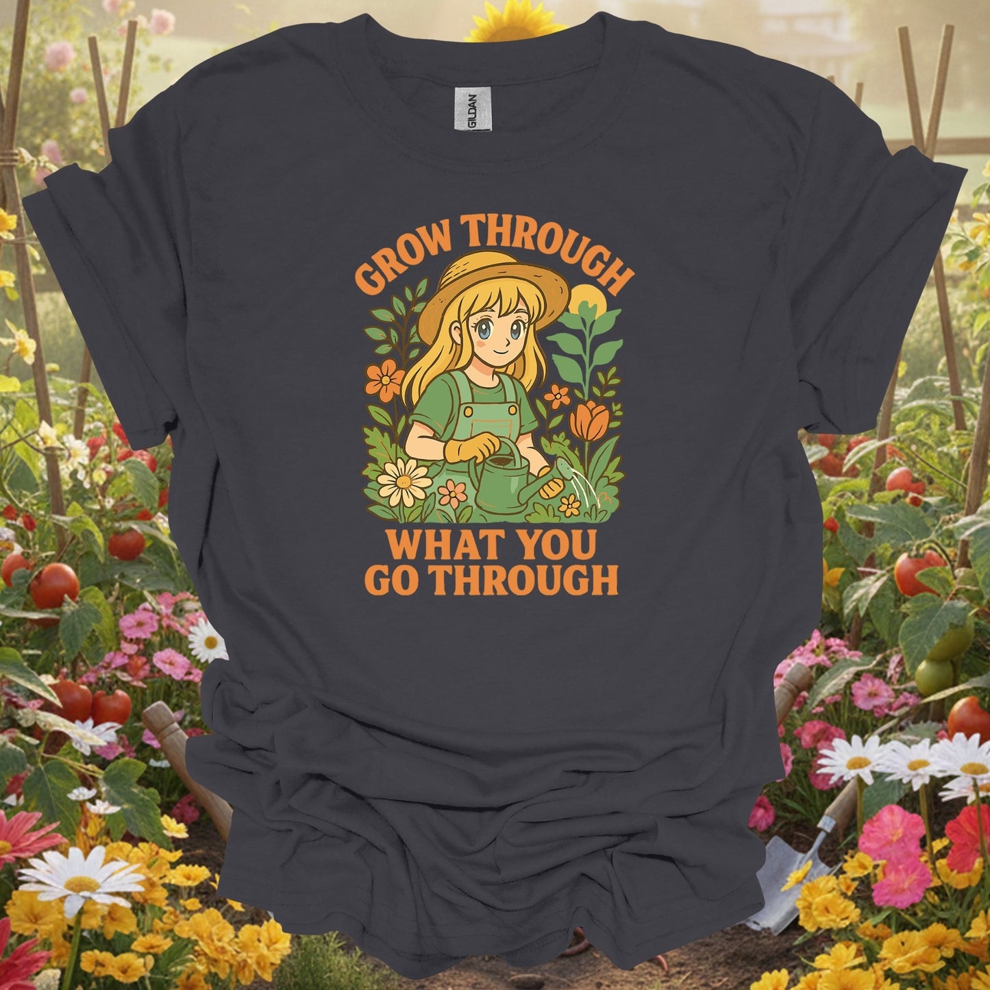 Charcoal tee showing grow through what you go through anime for plant lovers