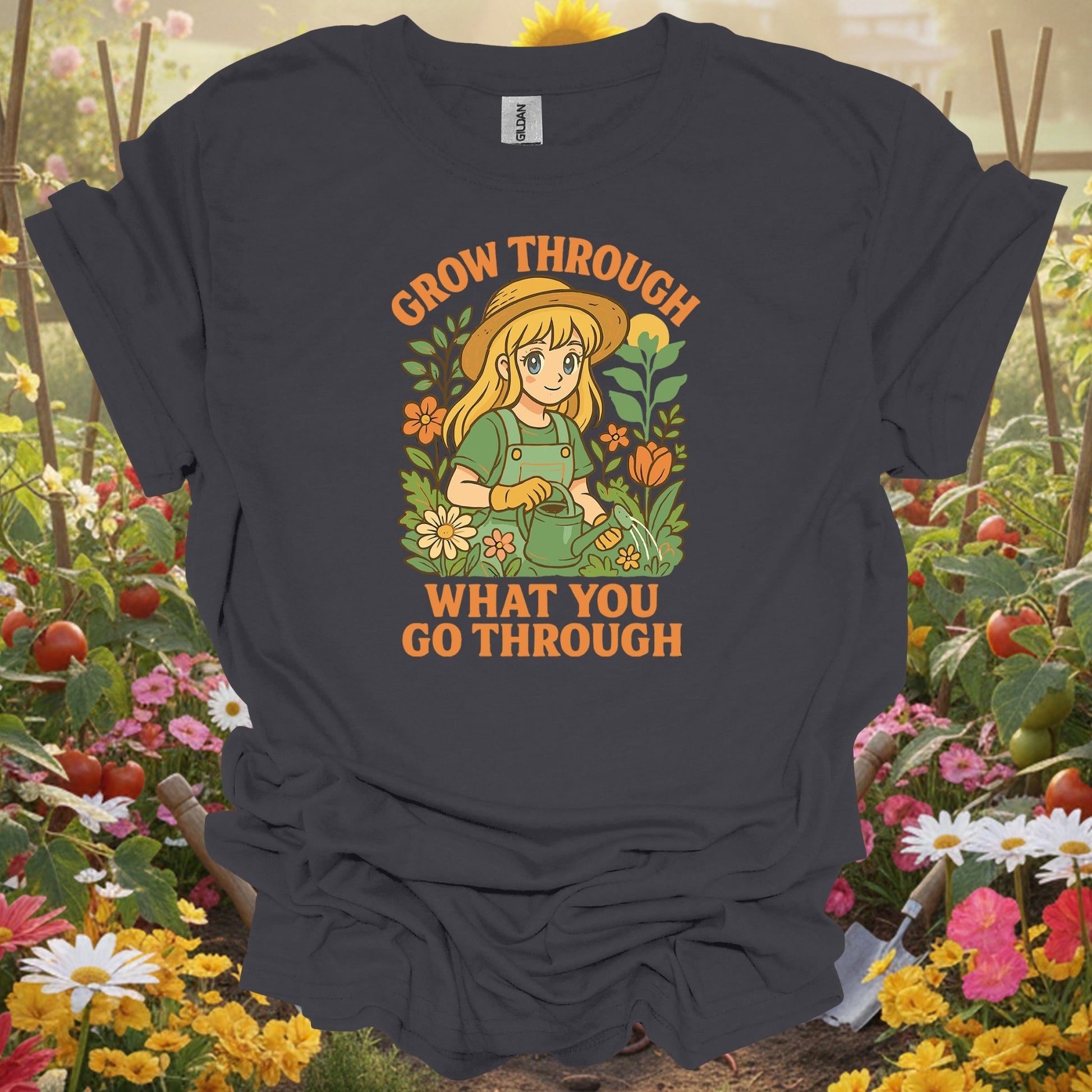 Charcoal tee showing grow through what you go through anime for plant lovers