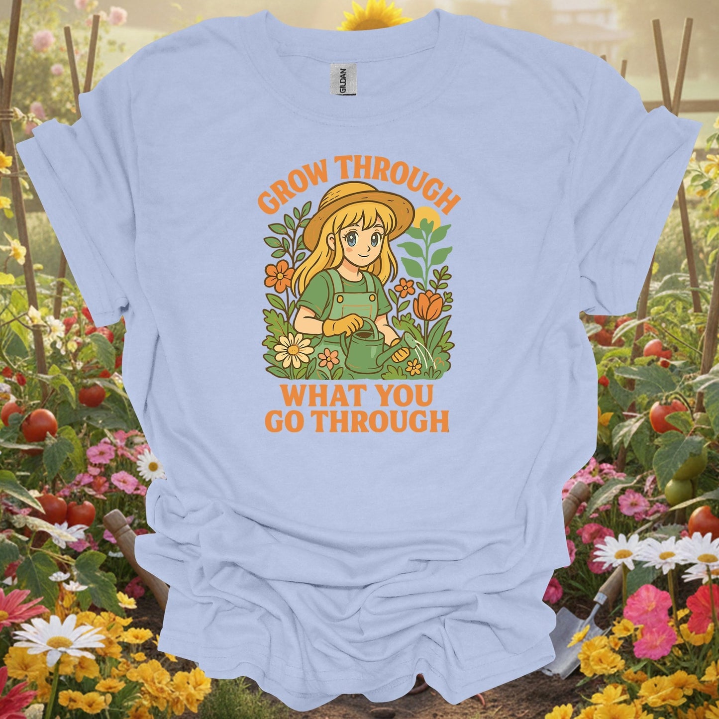 Light Blue shirt showing grow through what you go through anime for home gardeners