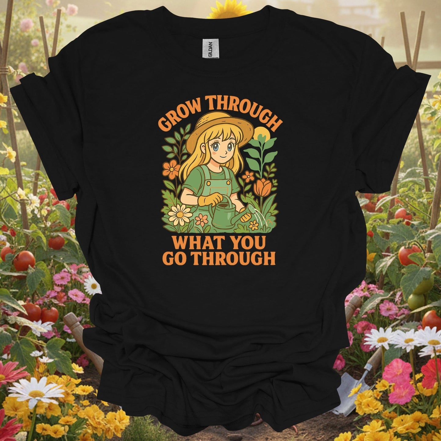 Black shirt showing grow through what you go through anime for outdoor enthusiasts