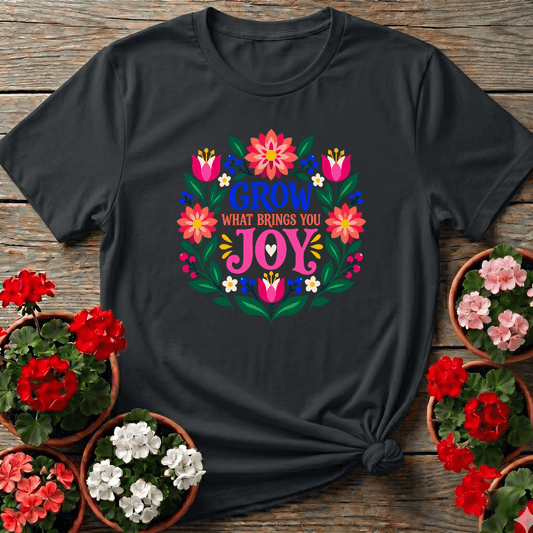 Black folk art floral gardening tee with "Grow What Brings You Joy" for cottagecore gardeners