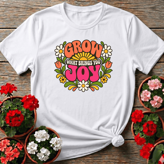 White vintage groovy floral gardening shirt with "Grow What Brings You Joy" for women gardeners