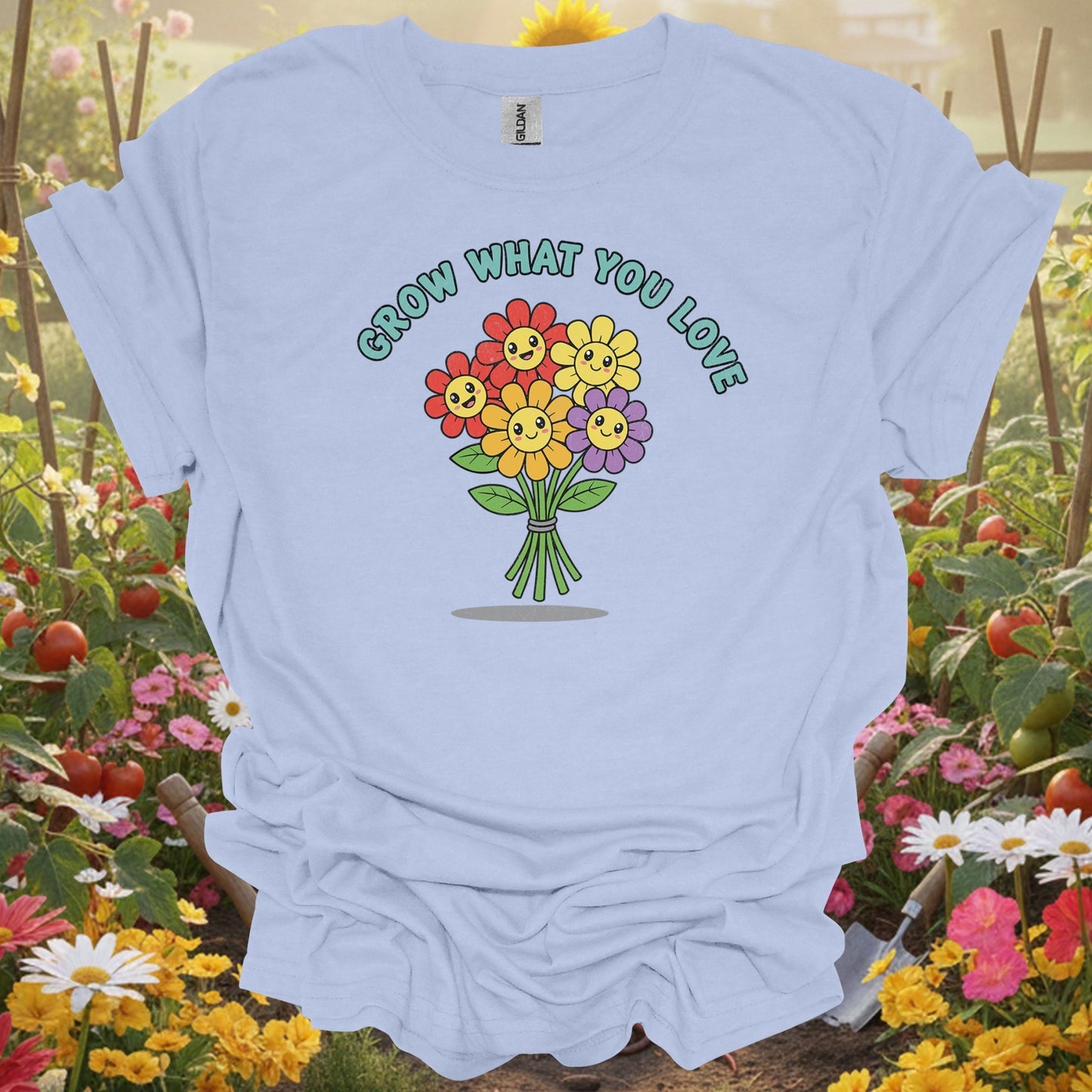 "Grow What You Love" Cheerful Flower Happy Bouquet Gardener T-Shirt - GardeningTshirts