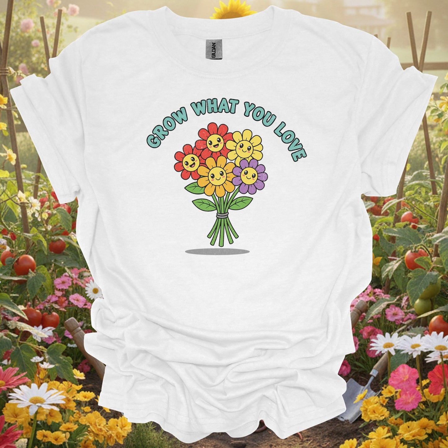 "Grow What You Love" Cheerful Flower Happy Bouquet Gardener T-Shirt - GardeningTshirts