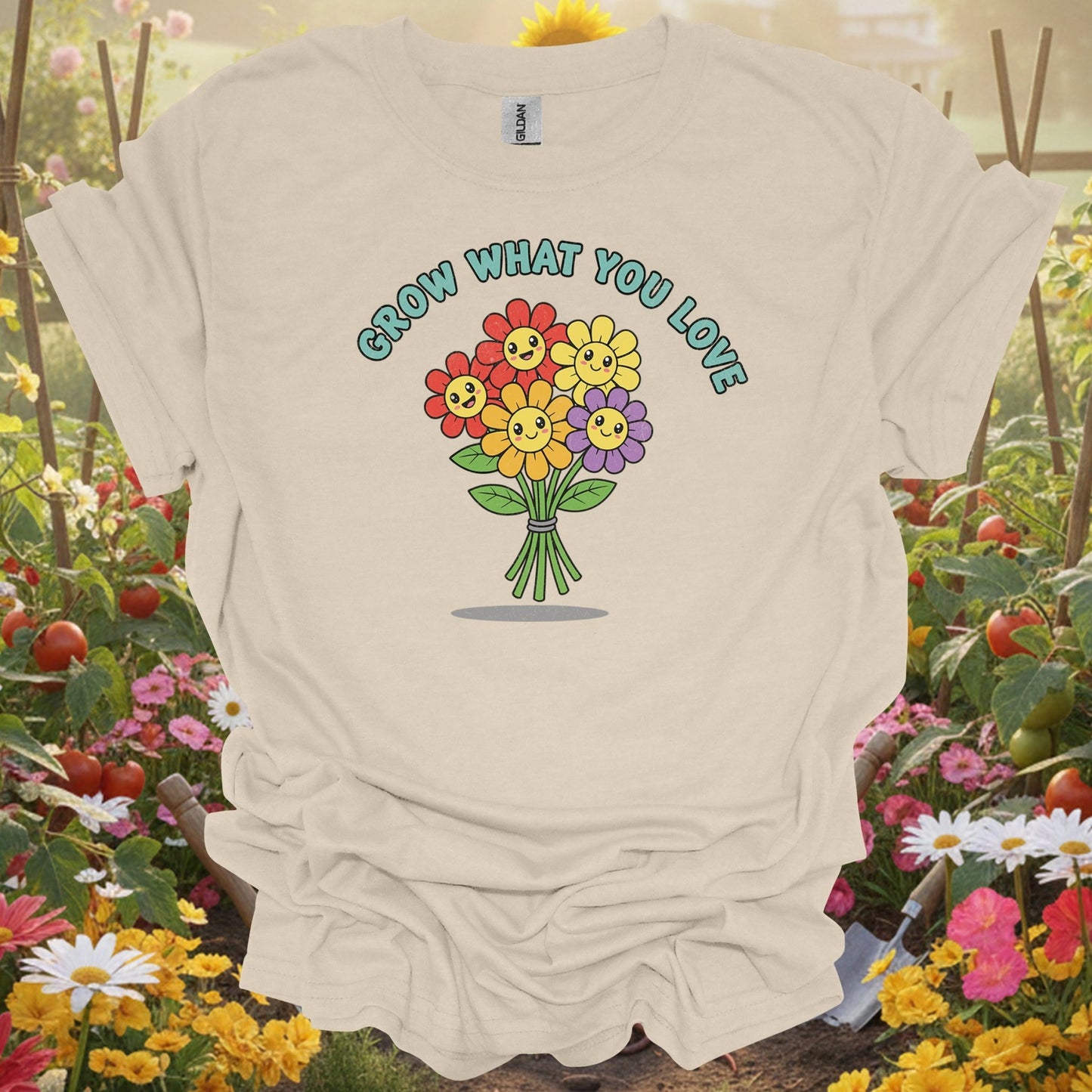 "Grow What You Love" Cheerful Flower Happy Bouquet Gardener T-Shirt - GardeningTshirts