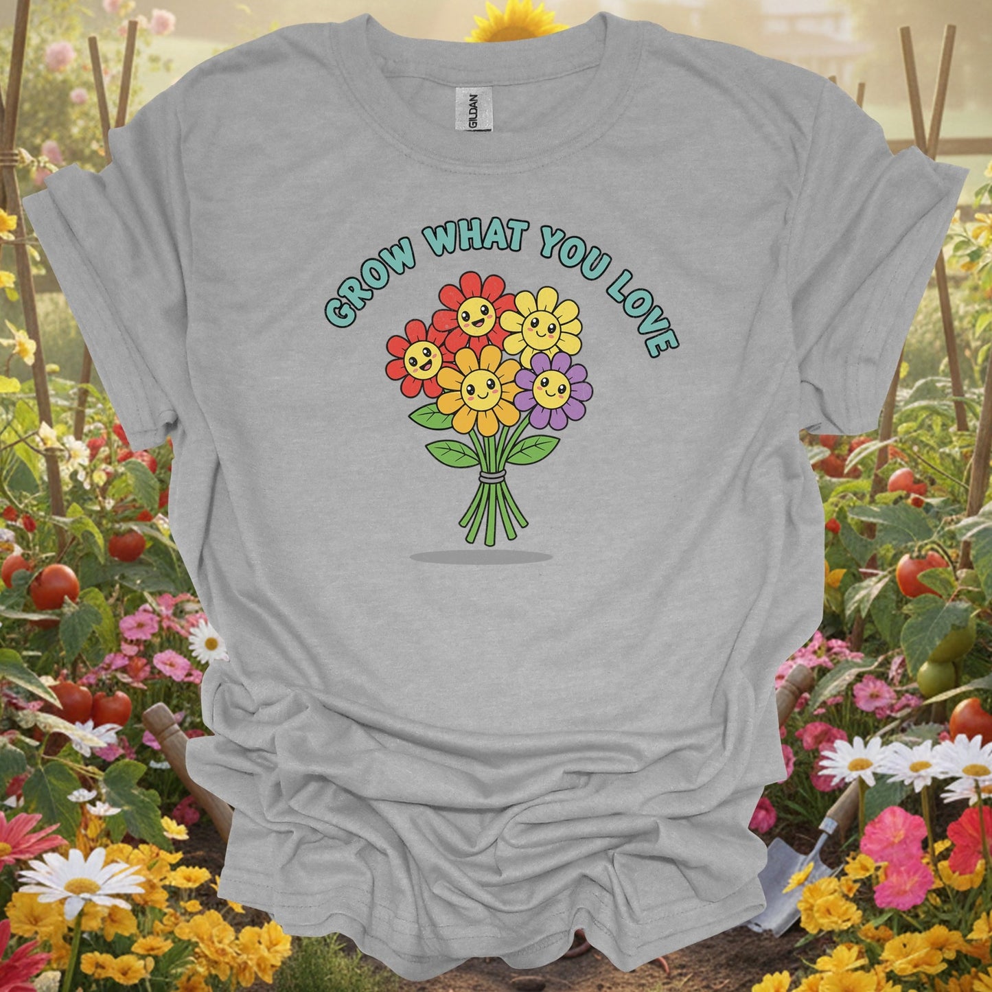 "Grow What You Love" Cheerful Flower Happy Bouquet Gardener T-Shirt - GardeningTshirts