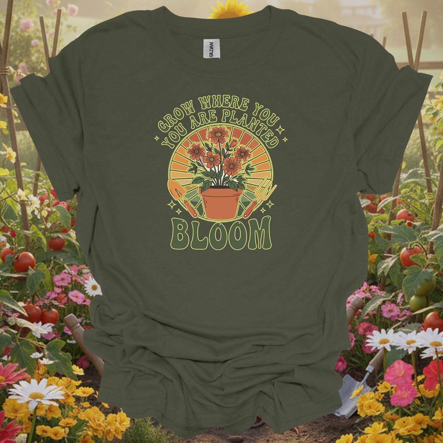 Military Green gardening tee with a retro-inspired storybook look that serves as a functional piece of art for any grower.