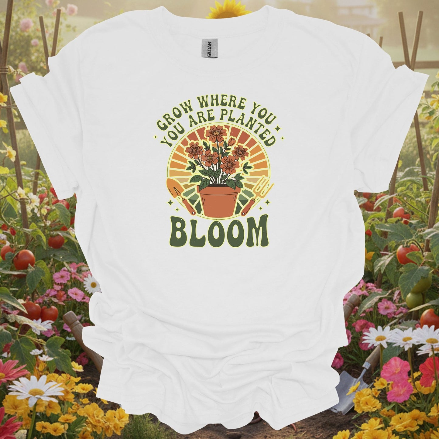 White shirt featuring a nostalgic bloom design on a classic T-shirt for anyone who finds joy in their garden beds.