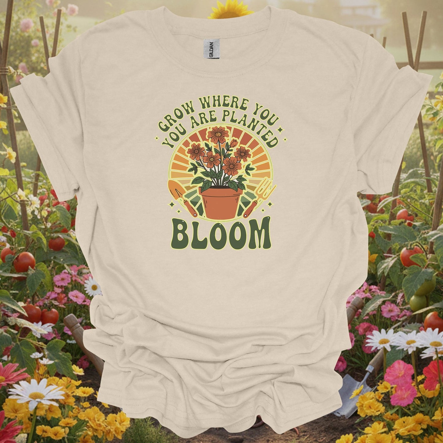 Natural apparel featuring a grow where you are planted theme on a soft shirt that honors the simple beauty of a life in bloom.