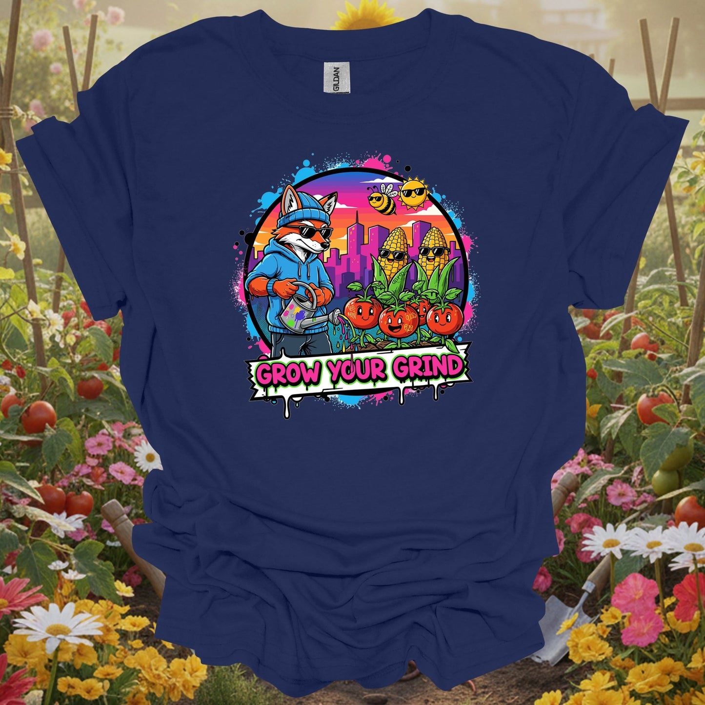 Navy top showing grow your grind urban garden retro pop art for green thumb folks