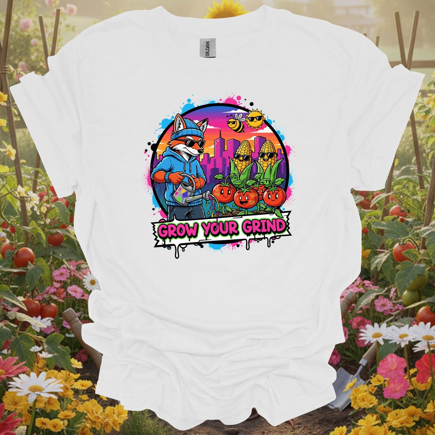 White tee showing grow your grind urban garden retro pop art for garden hobbyists