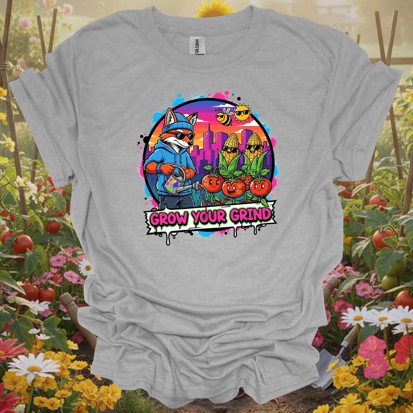 Sport Grey tshirt showing grow your grind urban garden retro pop art for gardening enthusiasts