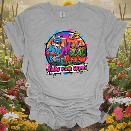 Sport Grey tshirt showing grow your grind urban garden retro pop art for gardening enthusiasts