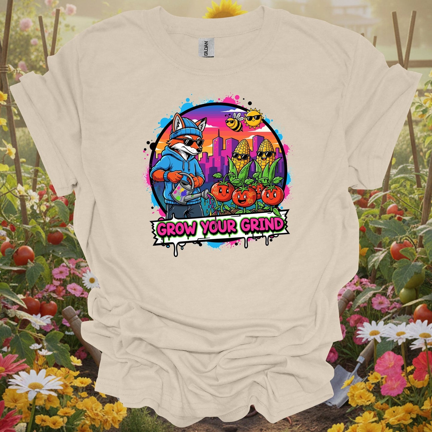 Natural tshirt showing grow your grind urban garden retro pop art for people who love plants