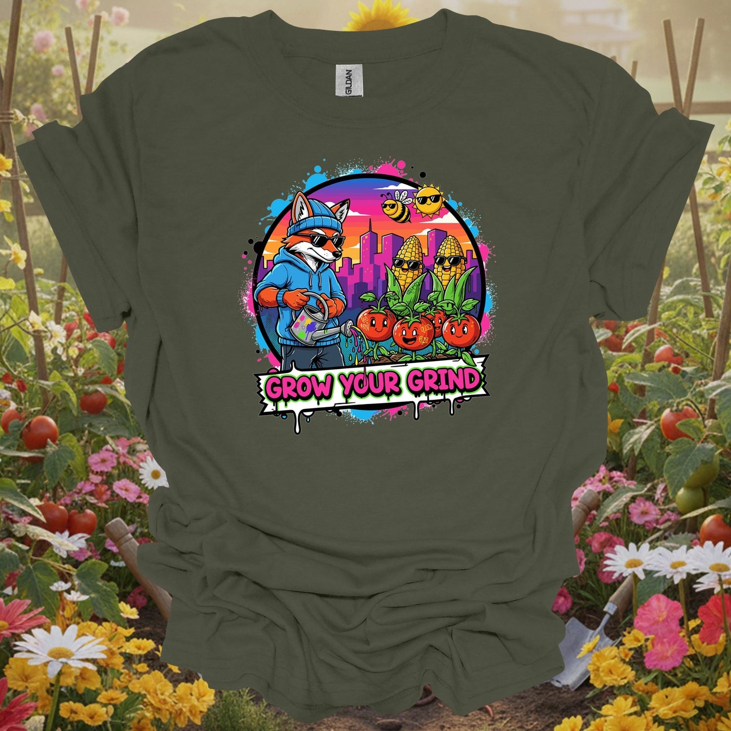 Military Green top showing grow your grind urban garden retro pop art for nature lovers