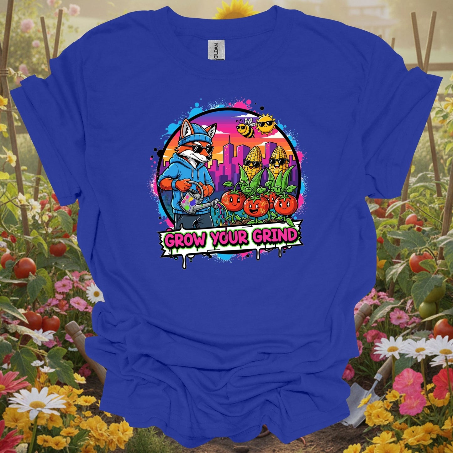 Royal tshirt showing grow your grind urban garden retro pop art for backyard growers