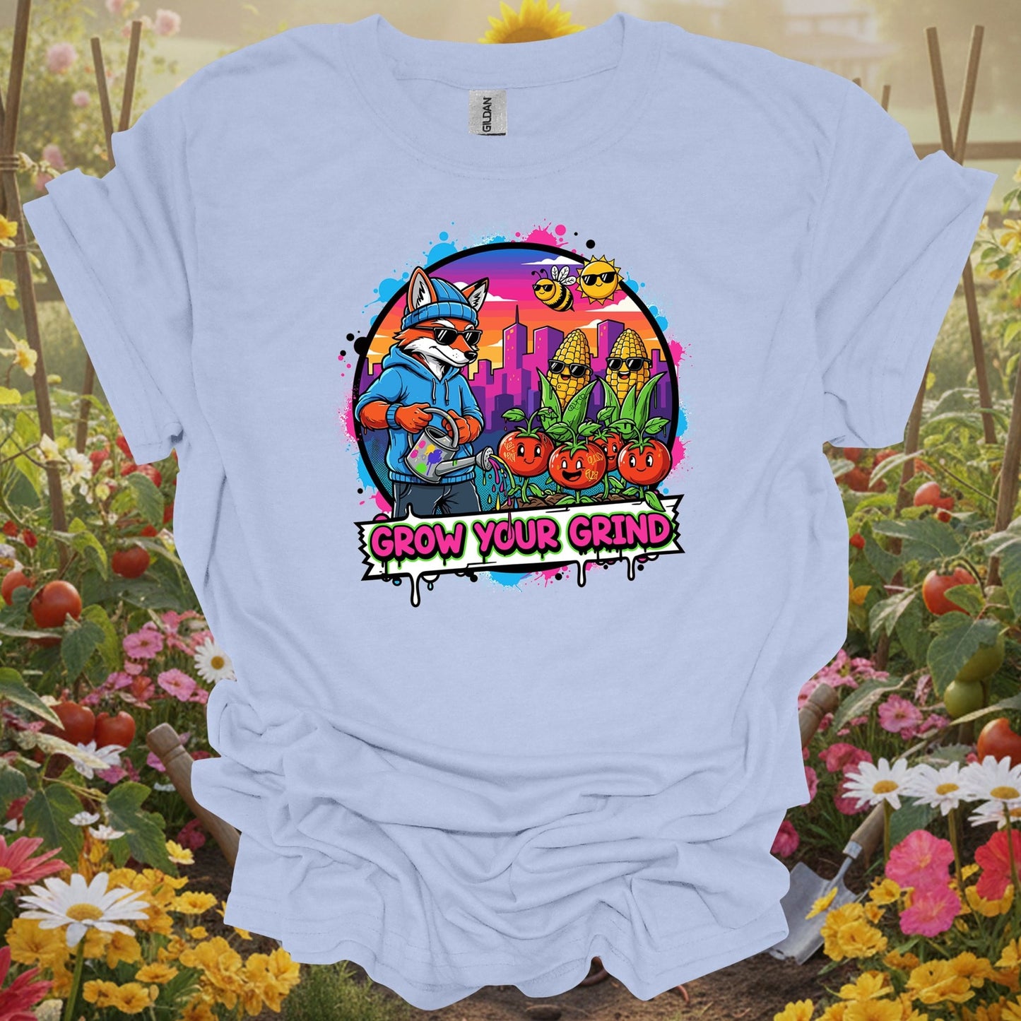 Light Blue shirt showing grow your grind urban garden retro pop art for home gardeners