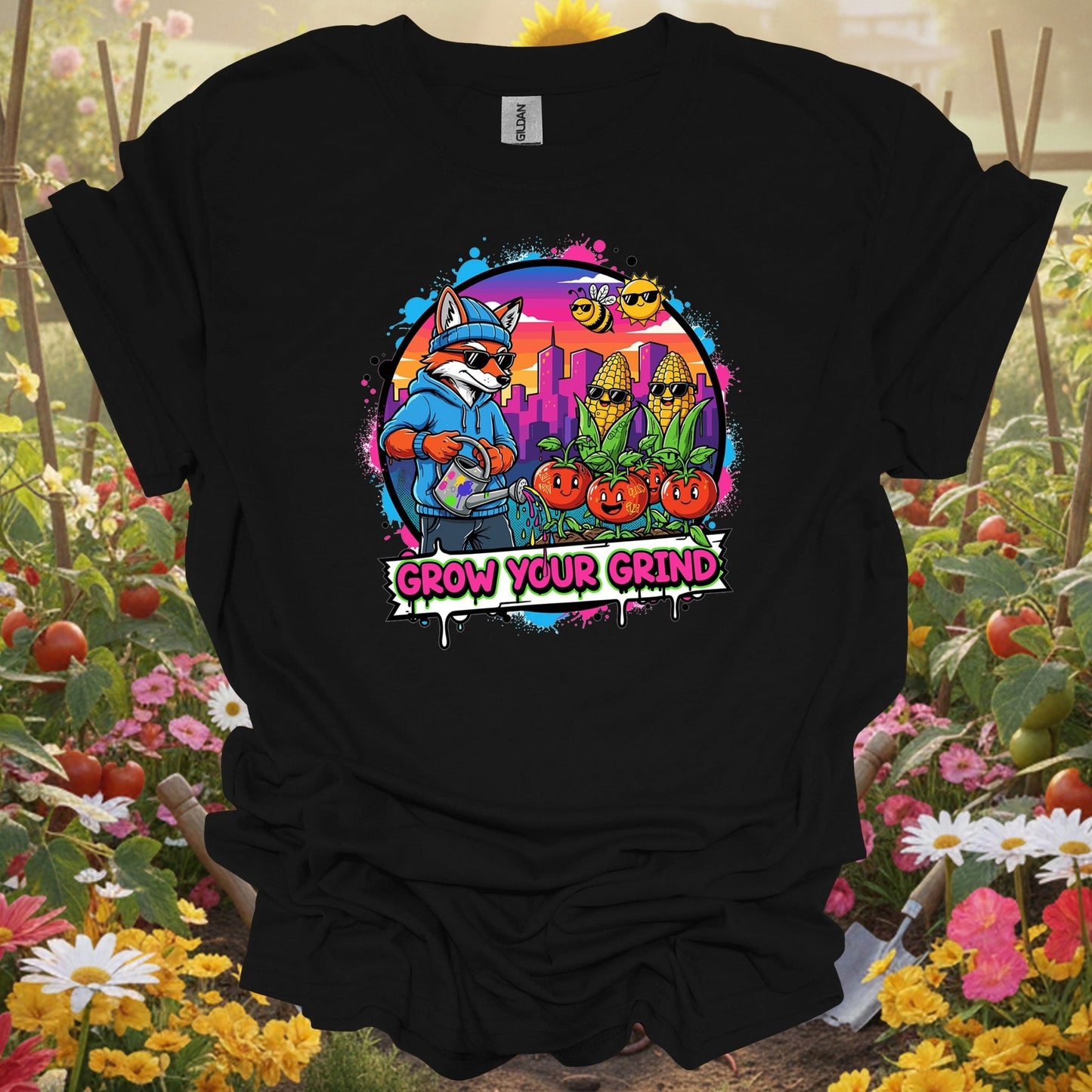 Black shirt showing grow your grind urban garden retro pop art for outdoor enthusiasts