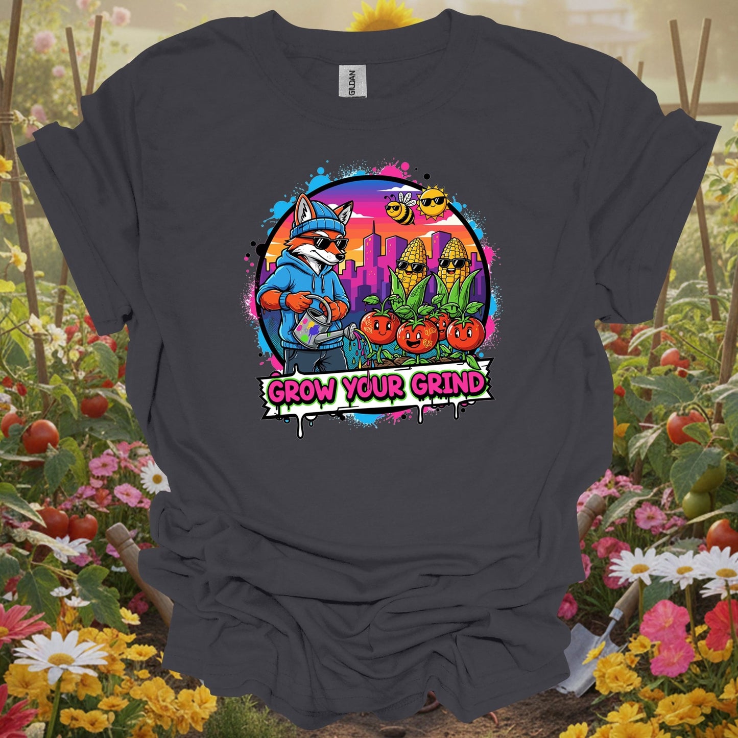 Charcoal tee showing grow your grind urban garden retro pop art for plant lovers