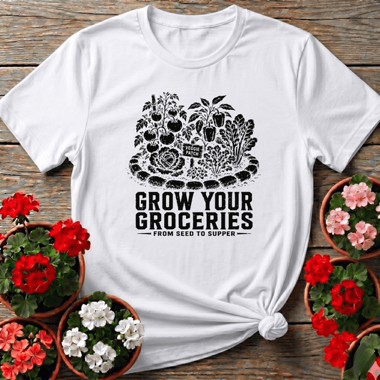 White rustic homestead veggie patch t-shirt with "Grow Your Groceries From Seed to Supper" for kitchen gardeners