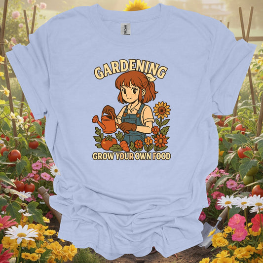 Light Blue tee showing grow your own food anime vegetable planting for plant lovers
