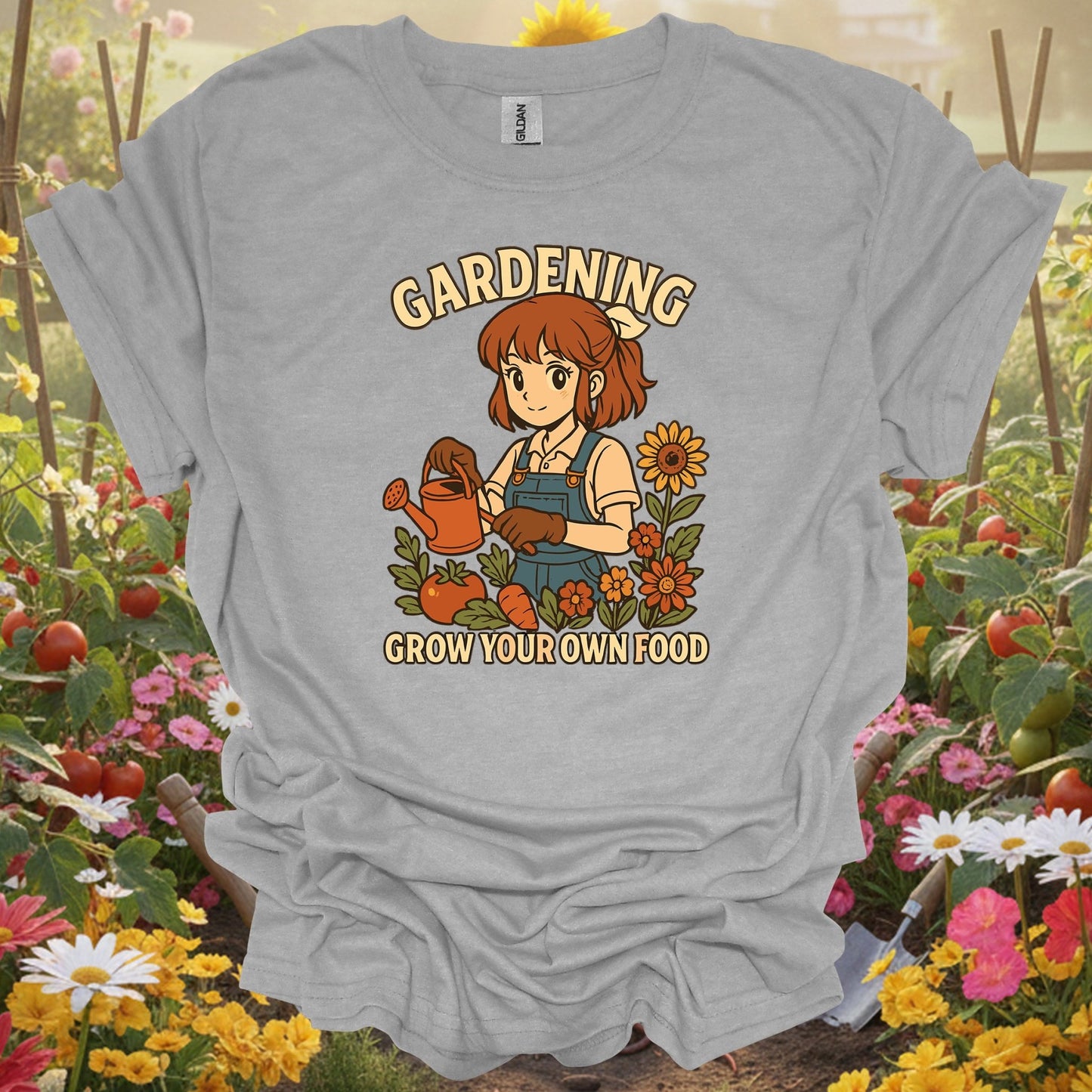 Sport Grey tshirt showing grow your own food anime vegetable planting for backyard growers