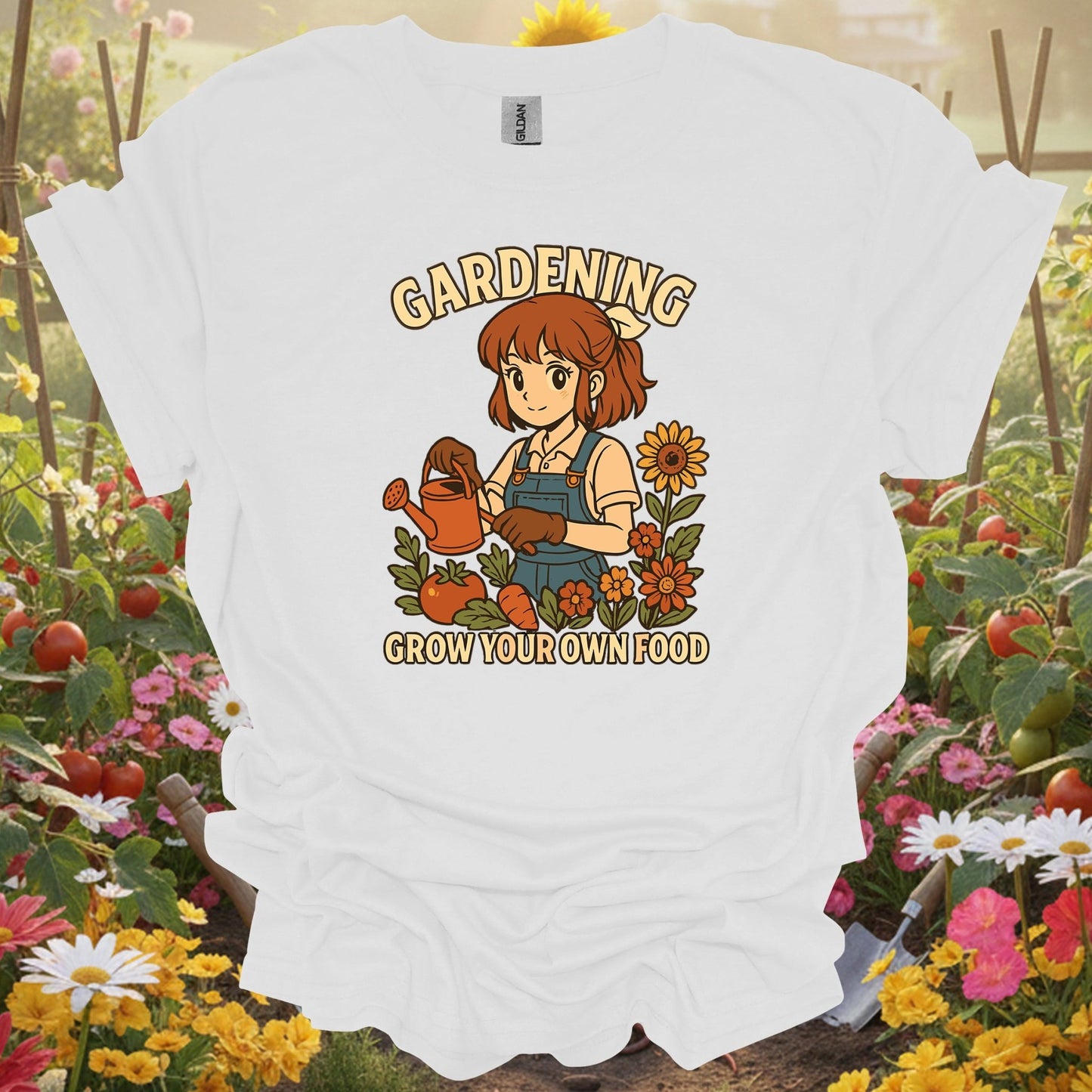 White tee showing grow your own food anime vegetable planting for garden hobbyists