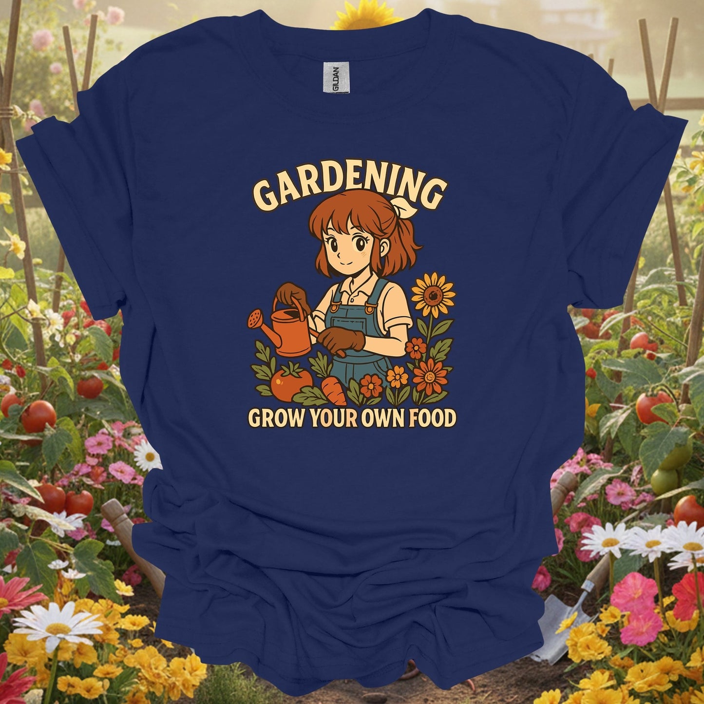 Navy shirt showing grow your own food anime vegetable planting for home gardeners