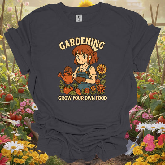 Charcoal tshirt showing grow your own food anime vegetable planting for gardening enthusiasts