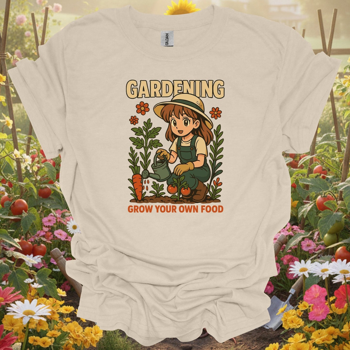 Natural tshirt showing grow your own food anime vintage style for gardening enthusiasts
