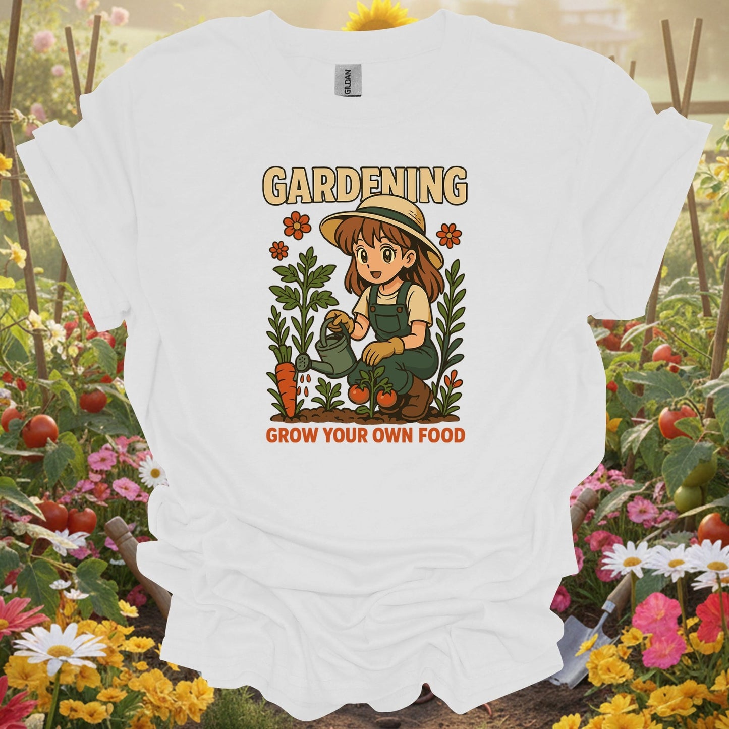 White shirt showing grow your own food anime vintage style for outdoor enthusiasts