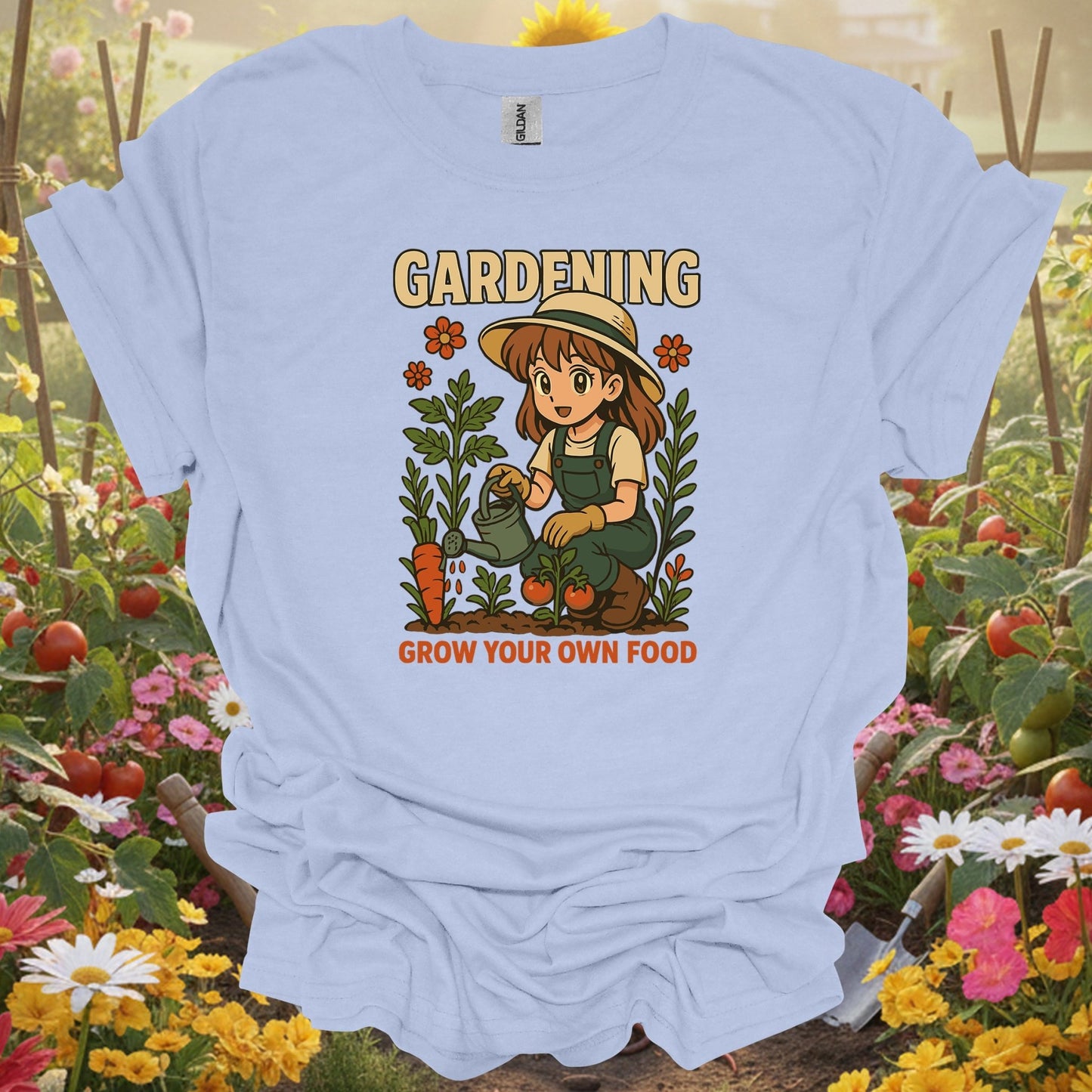 Light Blue shirt showing grow your own food anime vintage style for home gardeners