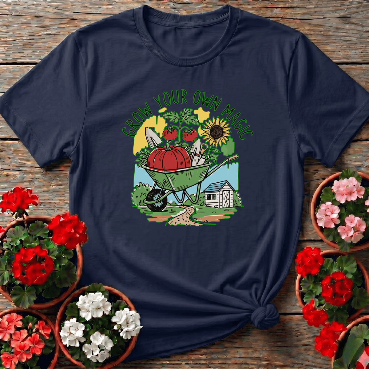 Navy storybook harvest wheelbarrow t-shirt with "Grow Your Own Magic" for kitchen gardeners