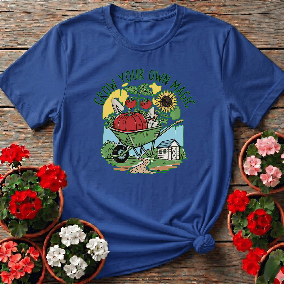 Royal cottagecore illustrated gardening tee with "Grow Your Own Magic" for backyard growers