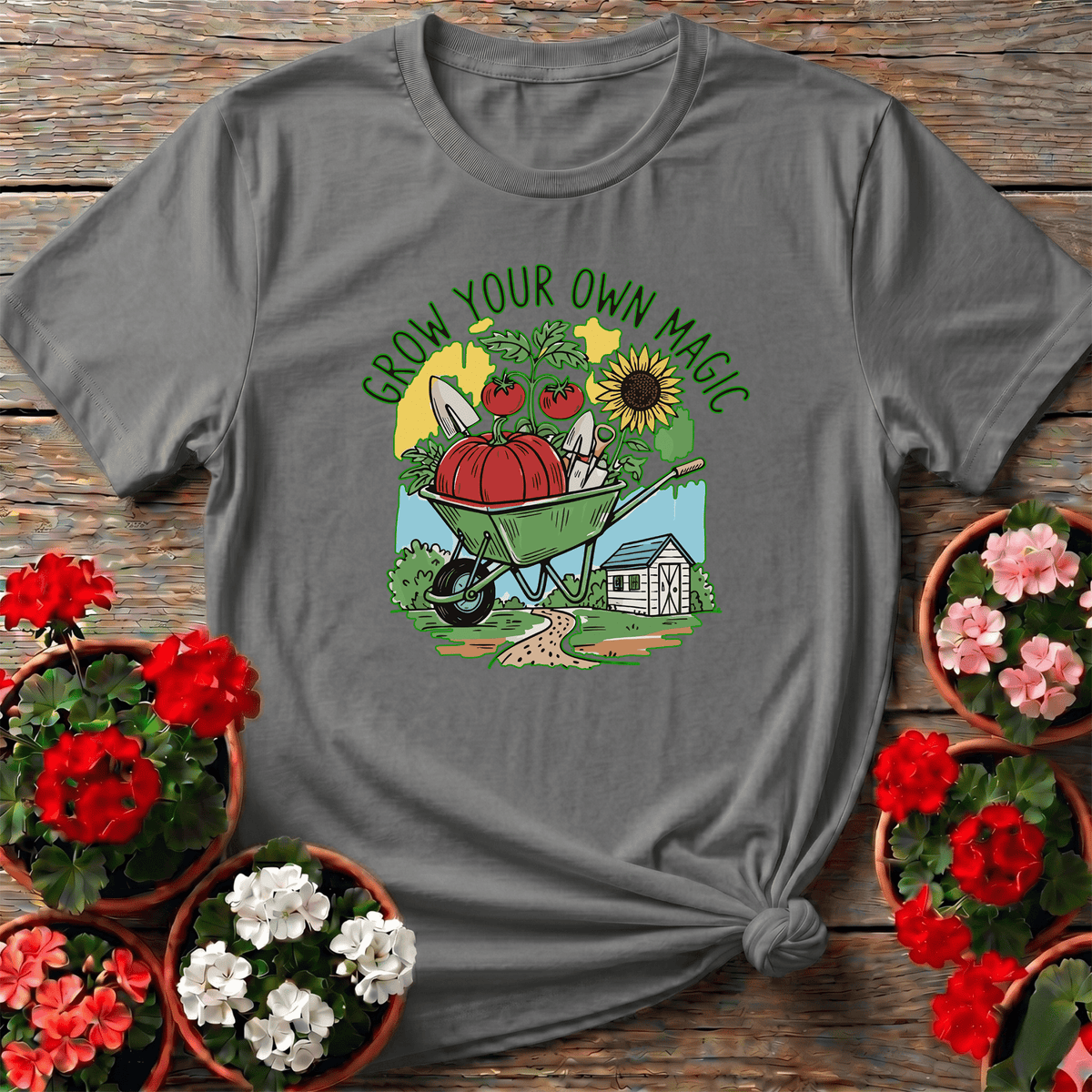 Sport Gray warm harvest scene gardening shirt with "Grow Your Own Magic" for vegetable gardeners