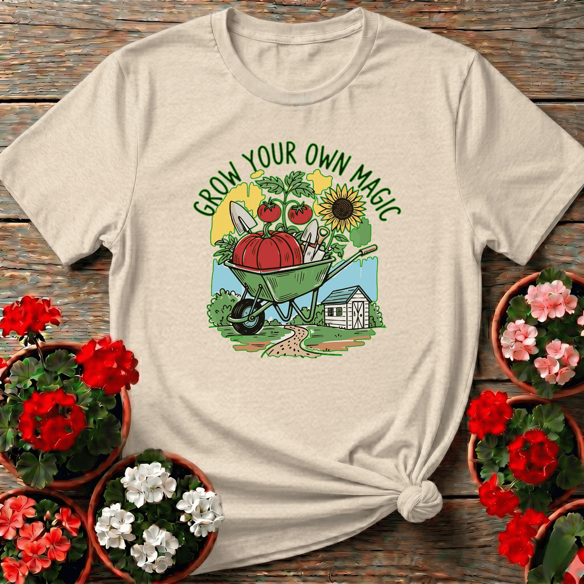 Natural vintage storybook gardening shirt with "Grow Your Own Magic" for cottagecore garden lovers