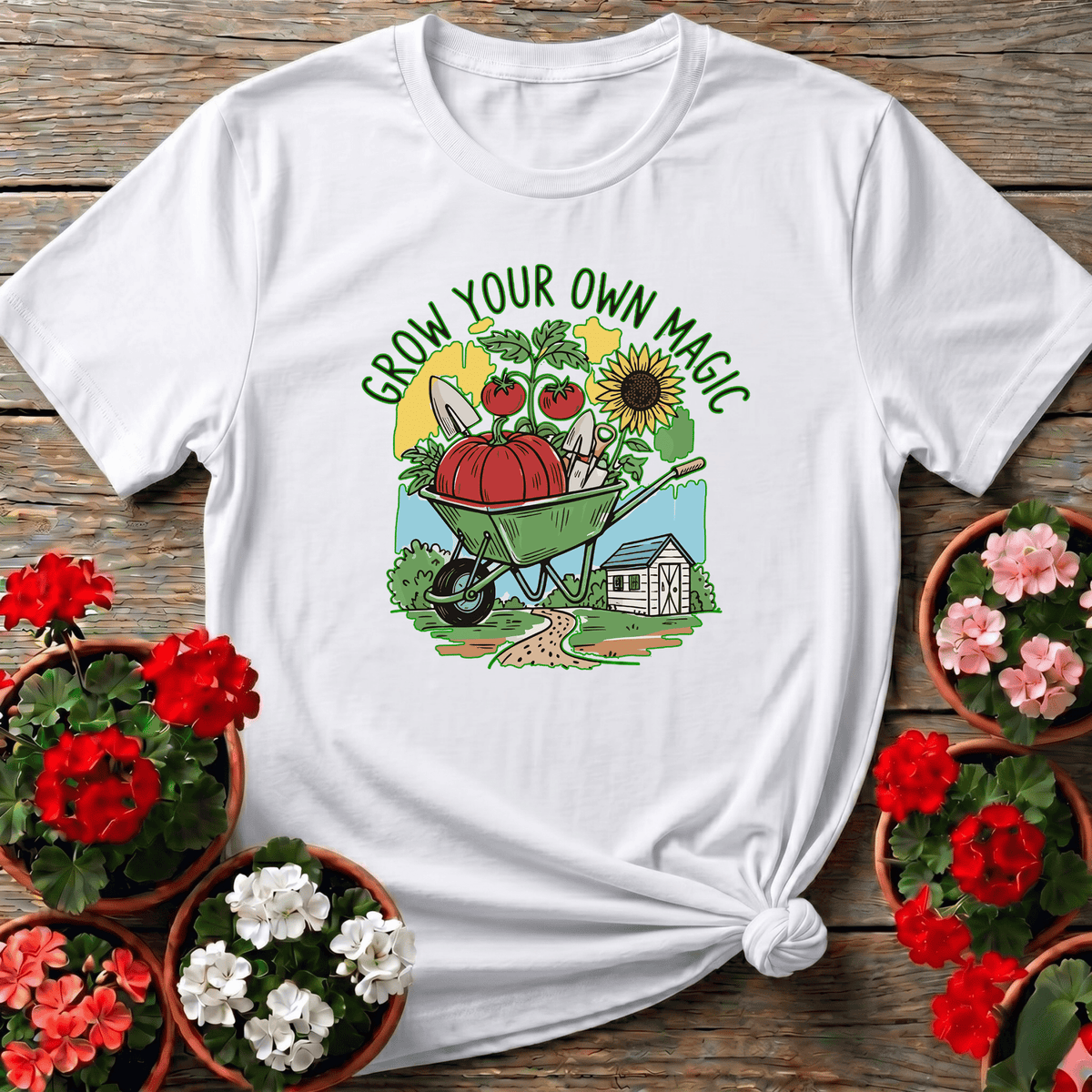 White vintage botanical garden shirt with "Grow Your Own Magic" for slow-living gardeners