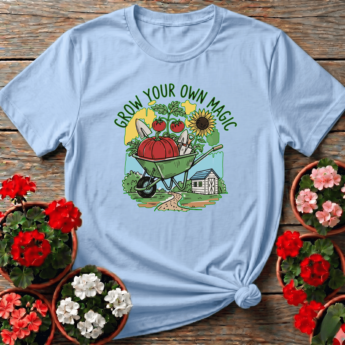 Light Blue soft botanical wheelbarrow top with "Grow Your Own Magic" for grow-your-own gardeners