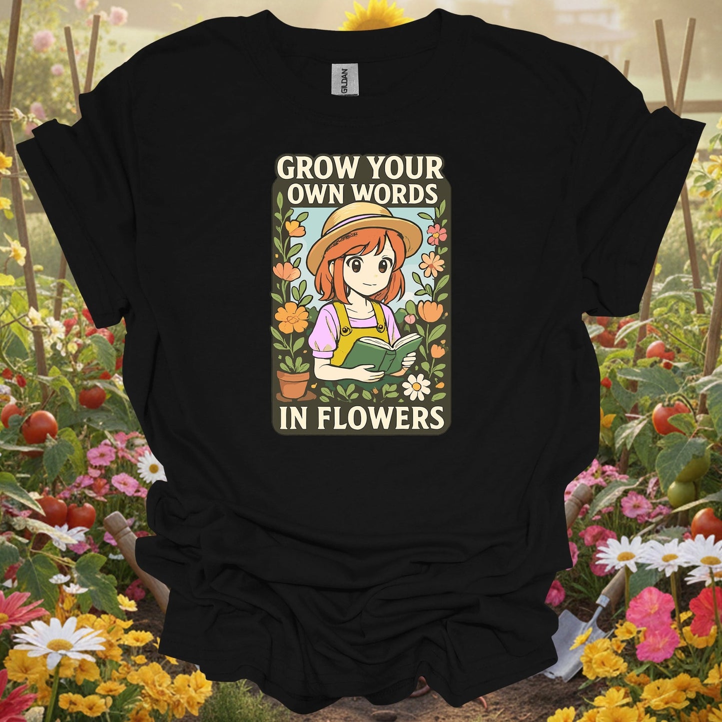 Black top showing anime grow your own words in flowers gardening for manga readers who garden