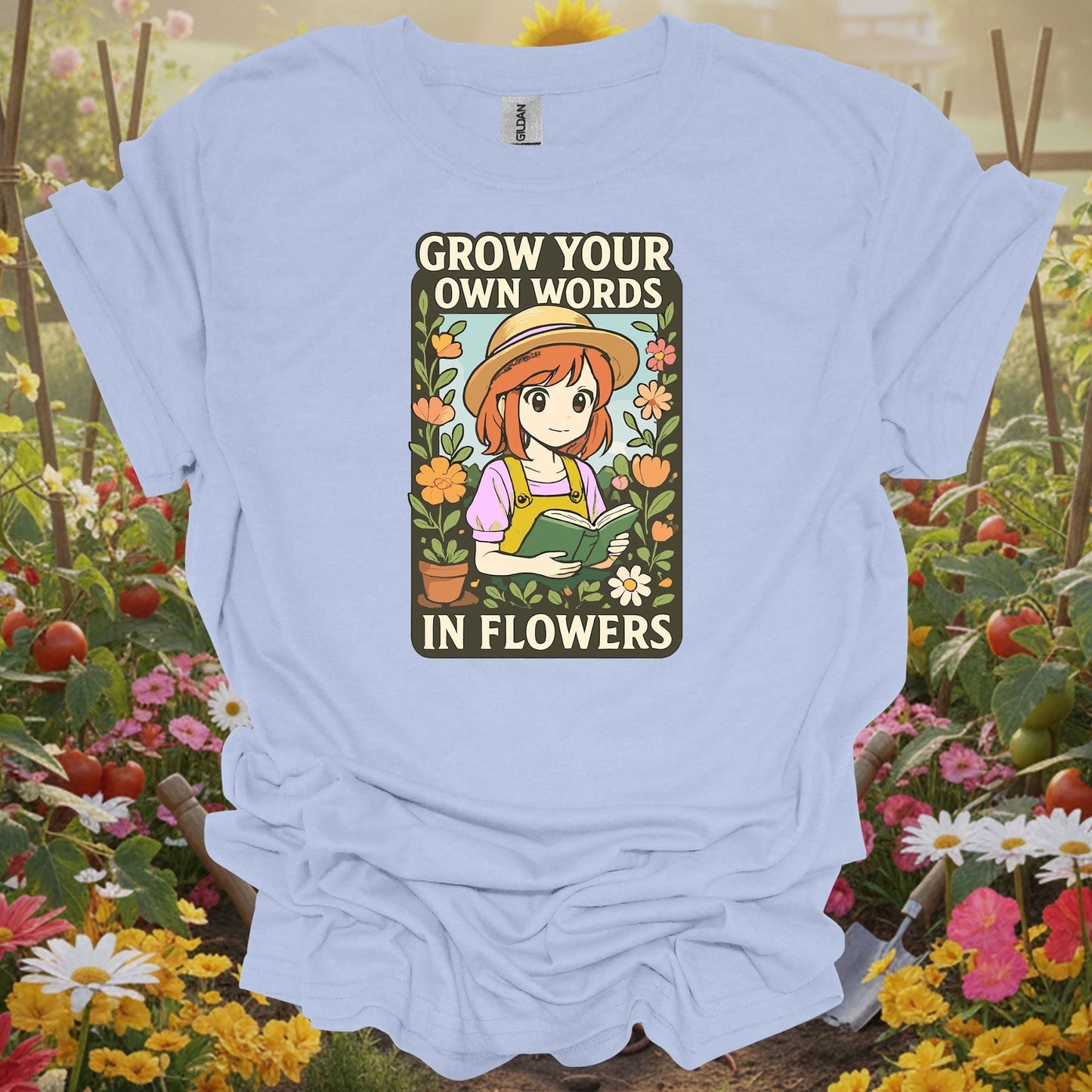 Light Blue shirt showing anime grow your own words in flowers gardening for Japanese art lovers