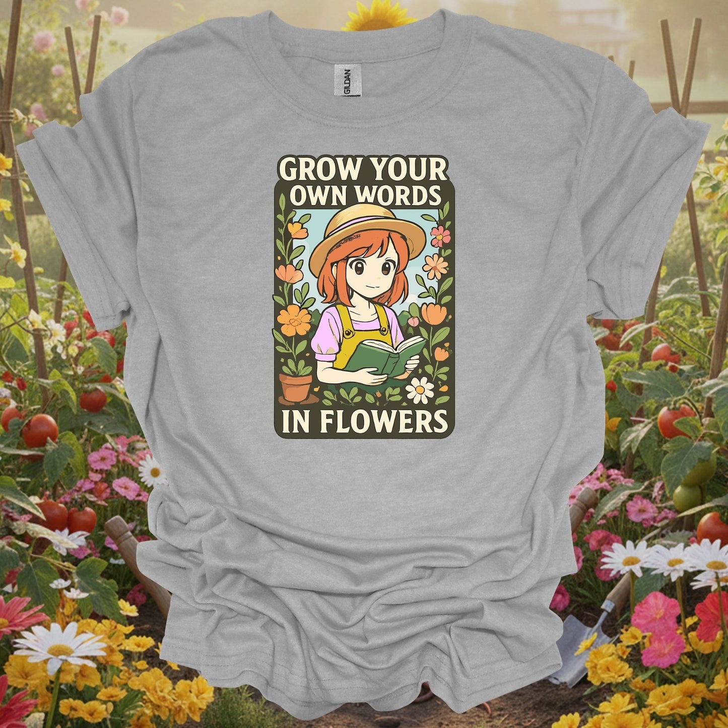 Sport Grey tee showing anime grow your own words in flowers gardening for otaku gardeners