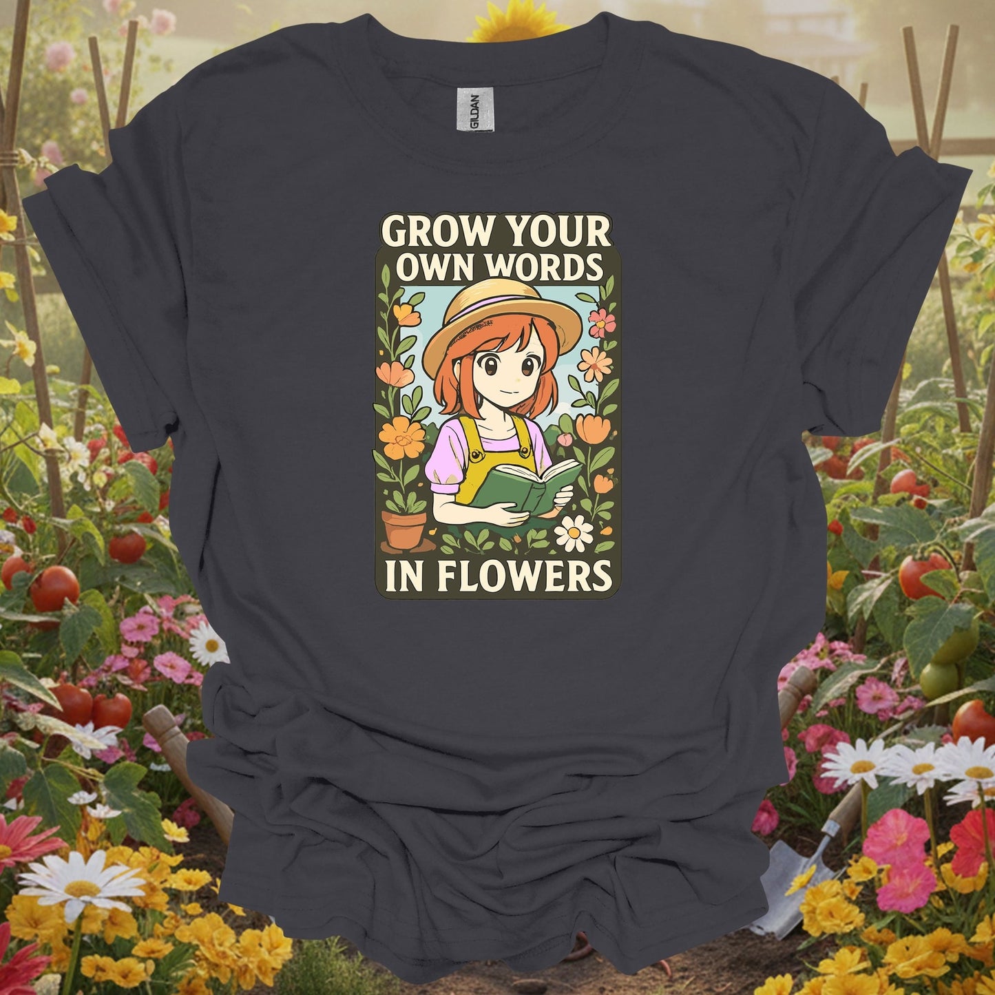 Charcoal tee showing anime grow your own words in flowers gardening for manga enthusiasts
