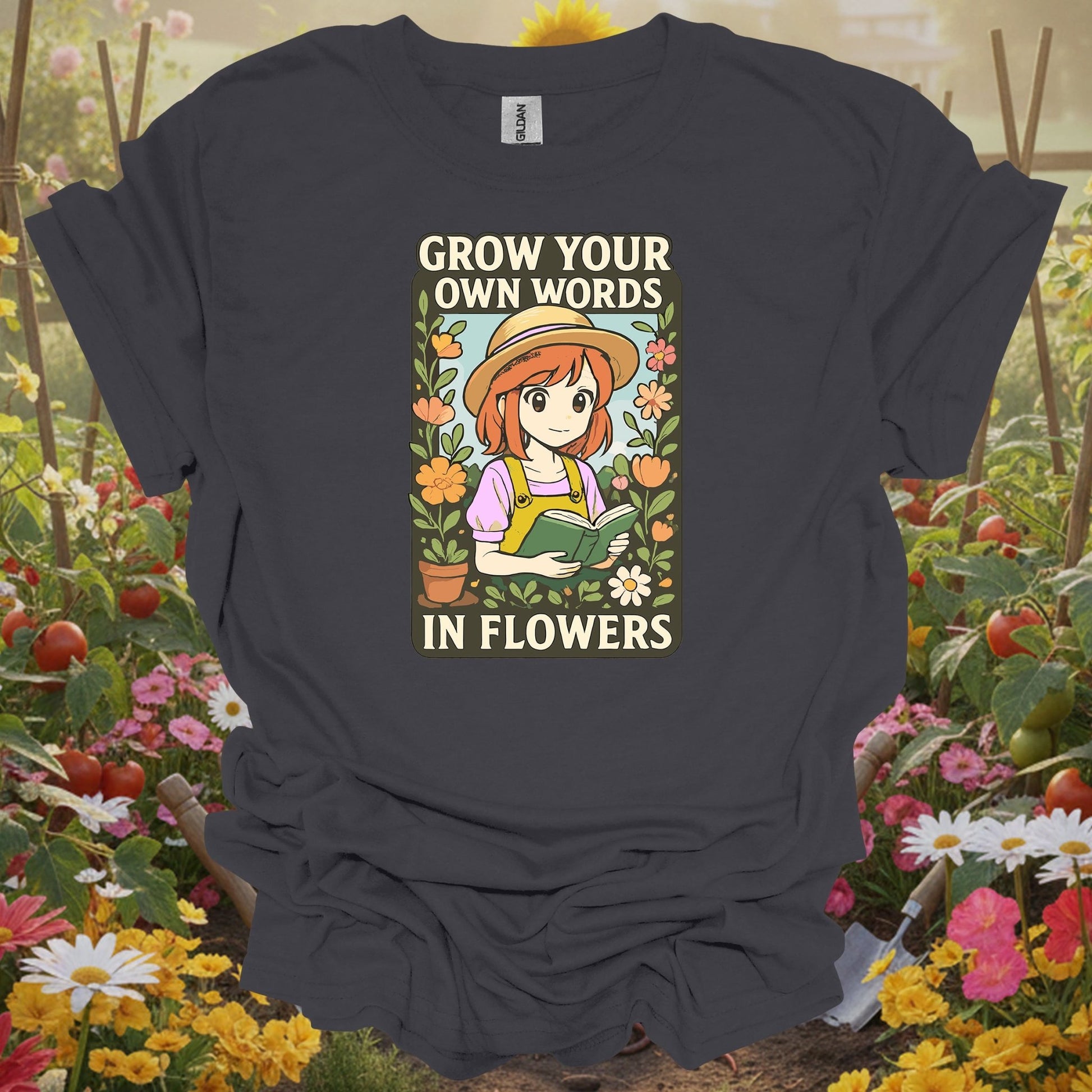Charcoal tee showing anime grow your own words in flowers gardening for manga enthusiasts