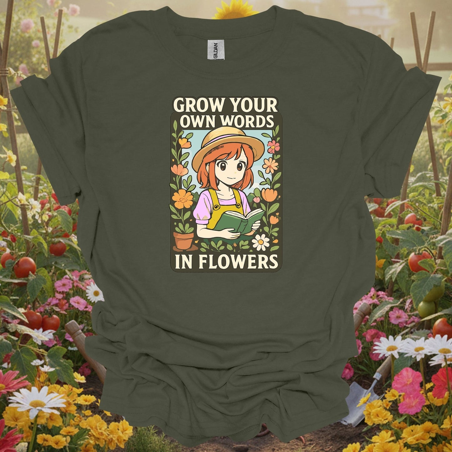 Military Green tshirt showing anime grow your own words in flowers gardening for Japanese culture enthusiasts