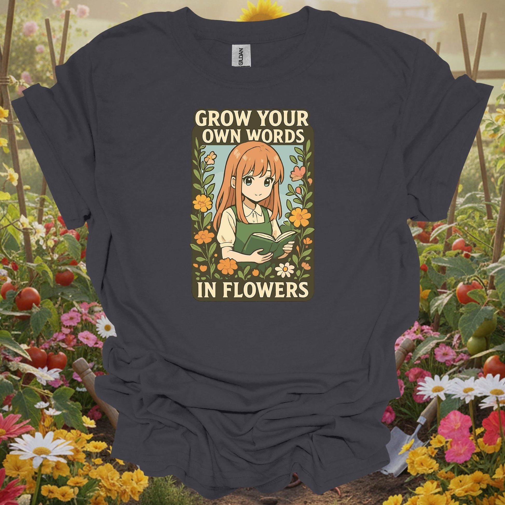 Charcoal tshirt showing a cute storybook girl reading among flowers with Grow Your Own Words In Flowers for book-loving gardeners