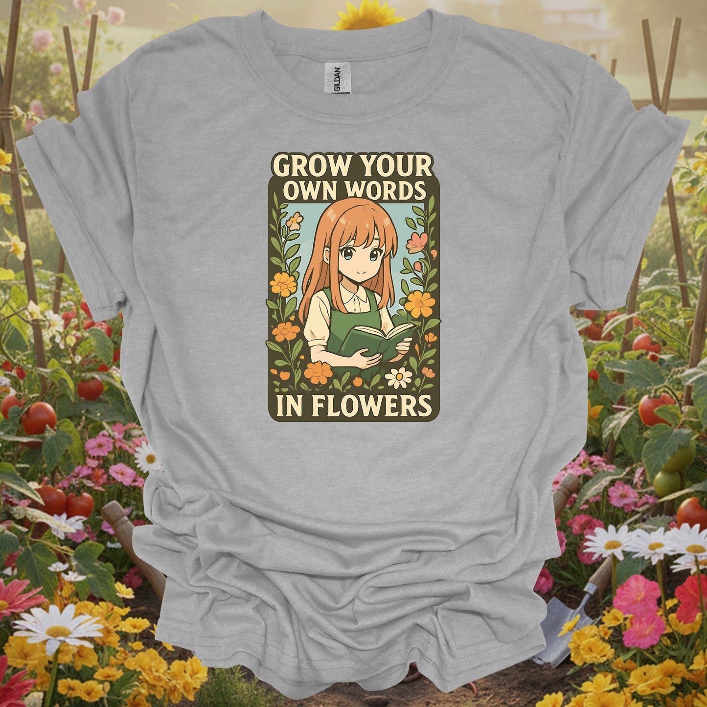 Sport Gray top showcasing a modern storybook style illustration of a girl in a blooming garden for wildflower lovers