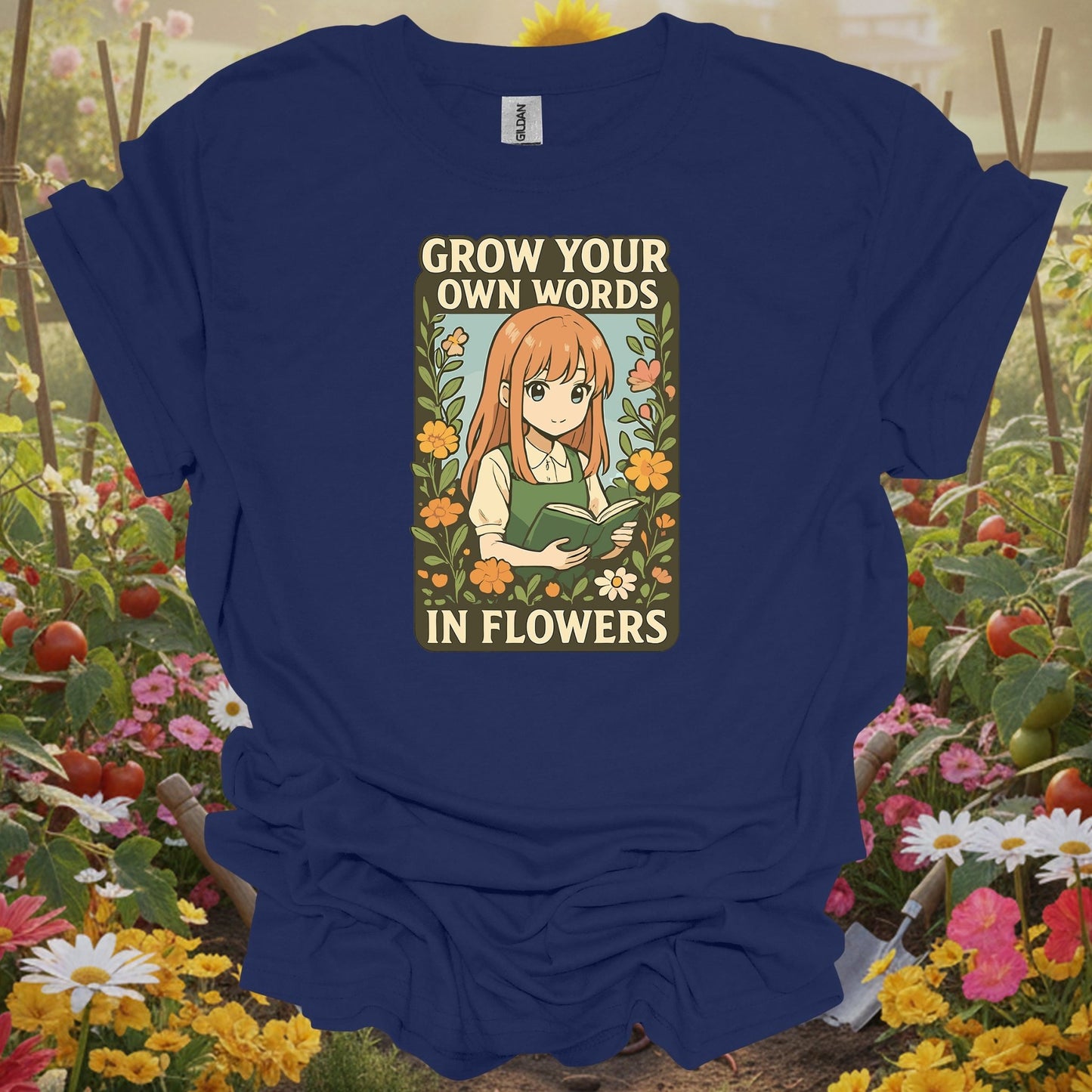 Navy shirt capturing a sense of retro-inspired storybook charm with a floral reader graphic for cottage garden enthusiasts